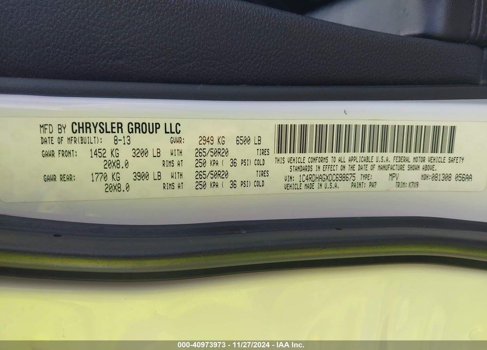 2013 DODGE DURANGO SXT VIN: 1C4RDHAGXDC698675