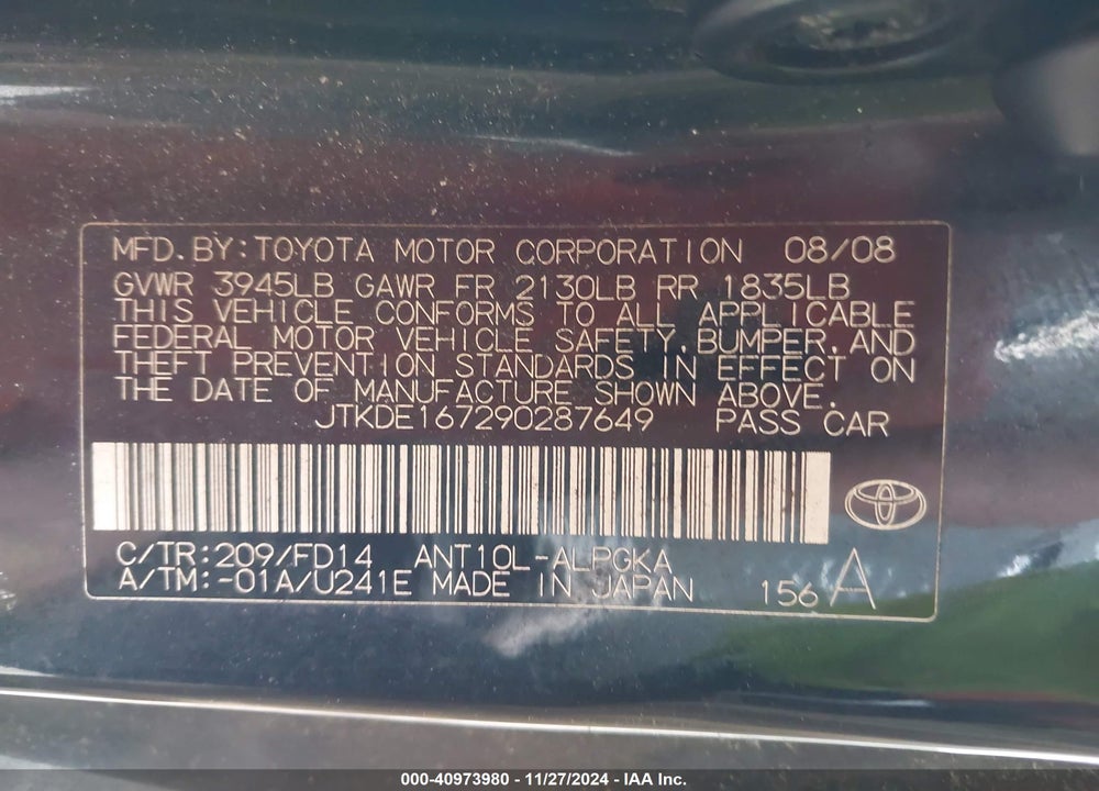 2009 SCION TC VIN: JTKDE167290287649