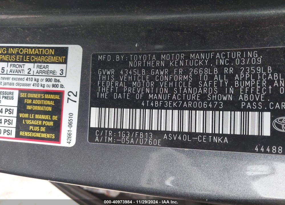 2010 TOYOTA CAMRY LE VIN: 4T4BF3EK7AR006473