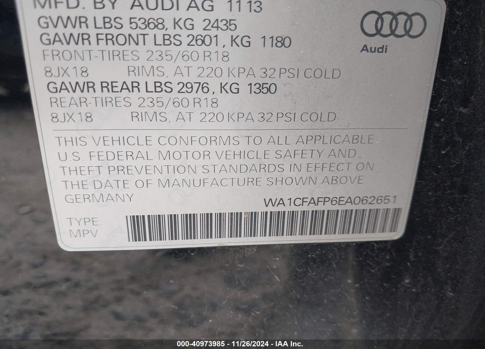 2014 AUDI Q5 2.0T PREMIUM VIN: WA1CFAFP6EA062651