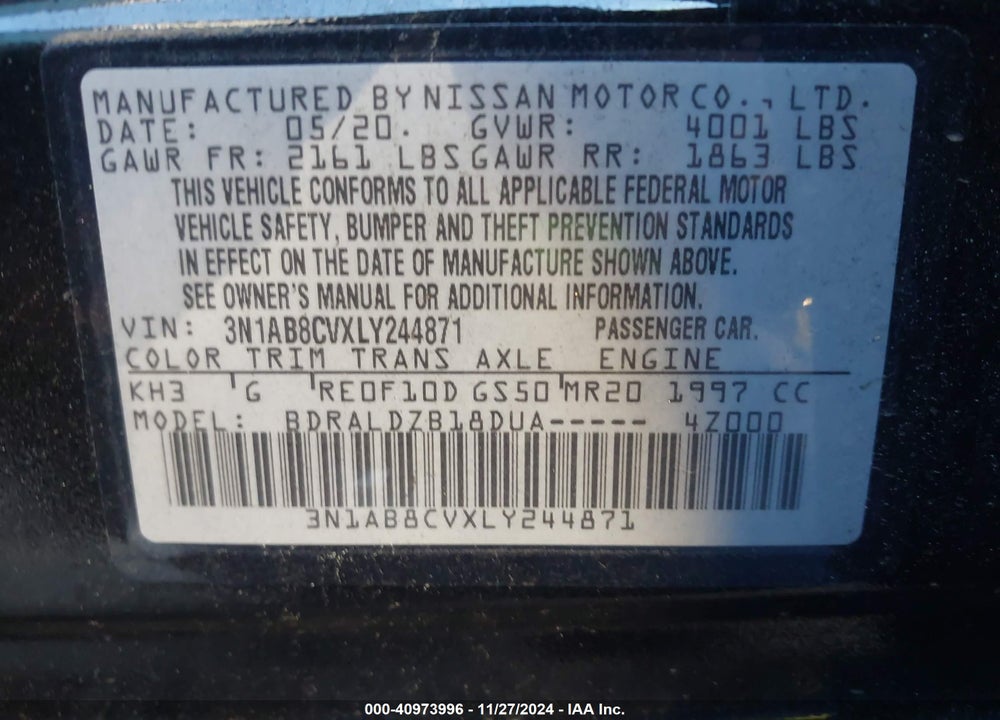 2020 NISSAN SENTRA VIN: 3N1AB8CVXLY244871