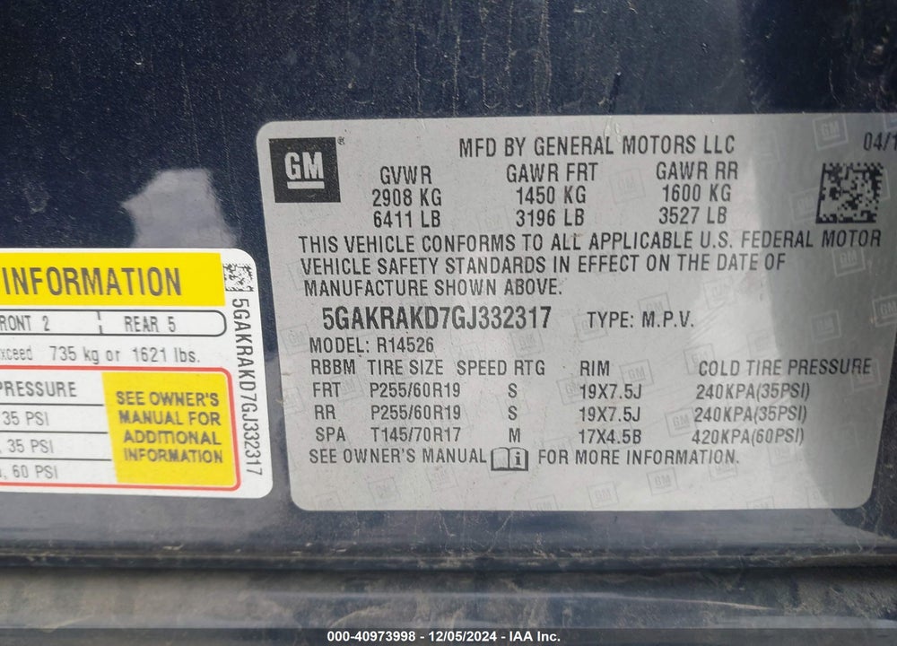 2016 BUICK ENCLAVE CONVENIENCE VIN: 5GAKRAKD7GJ332317