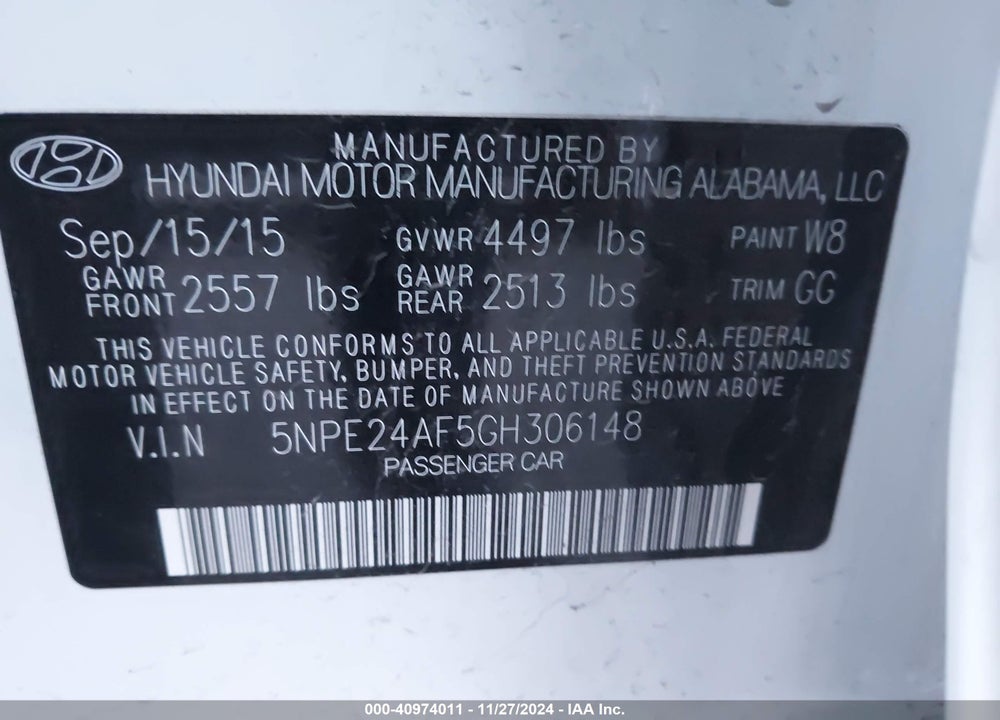 2016 HYUNDAI SONATA VIN: 5NPE24AF5GH306148