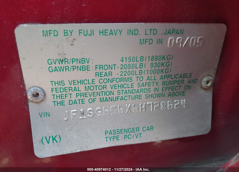 2006 SUBARU FORESTER 2.5X VIN: JF1SG656X6H728624