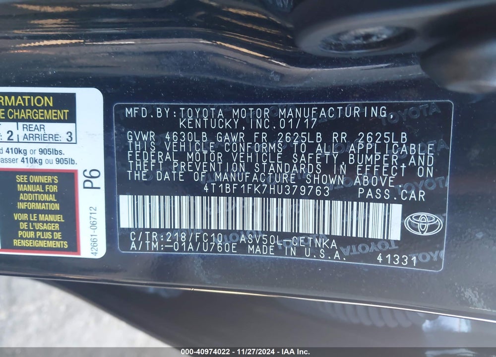 2017 TOYOTA CAMRY LE VIN: 4T1BF1FK7HU379763