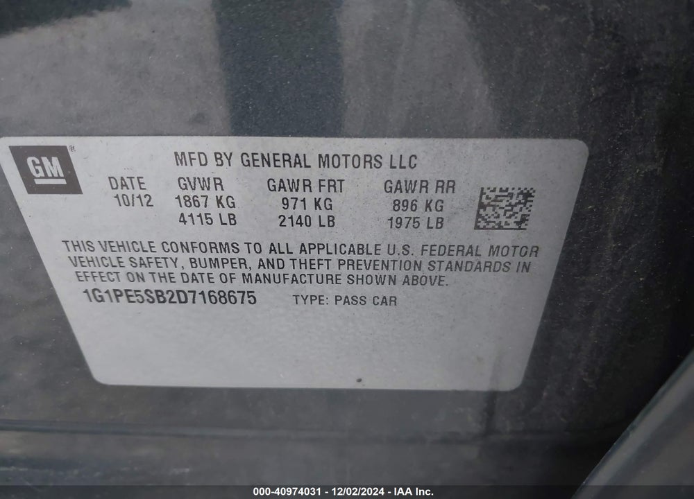 2013 CHEVROLET CRUZE 2LT AUTO VIN: 1G1PE5SB2D7168675