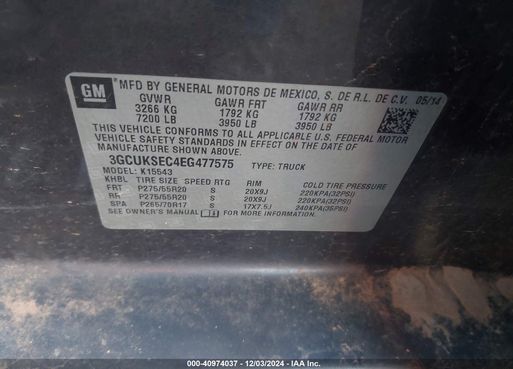 2014 CHEVROLET SILVERADO 1500 1LZ VIN: 3GCUKSEC4EG477575