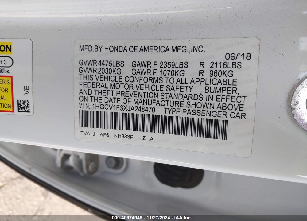 2018 HONDA ACCORD VIN: 1HGCV1F3XJA248470