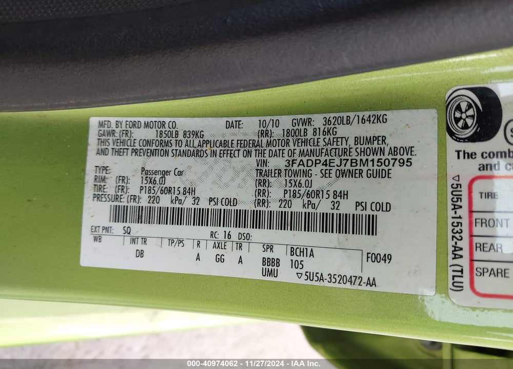 2011 FORD FIESTA SE VIN: 3FADP4EJ7BM150795
