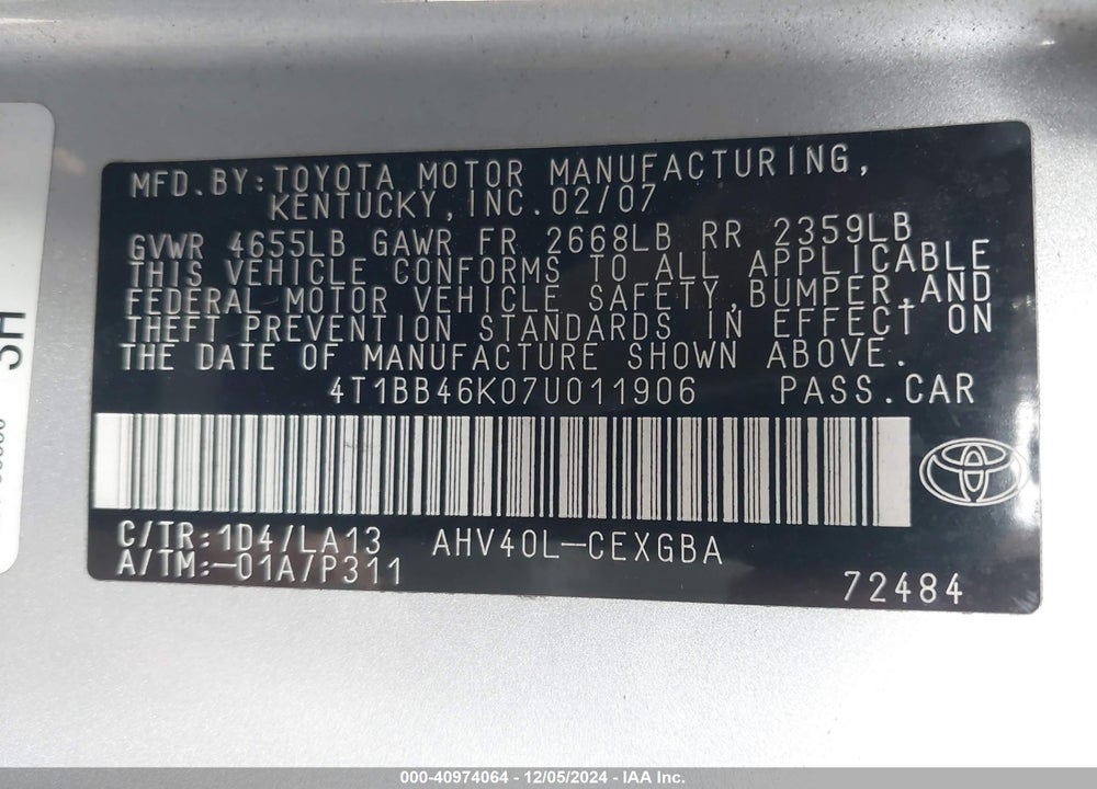 2007 TOYOTA CAMRY HYBRID VIN: 4T1BB46K07U011906