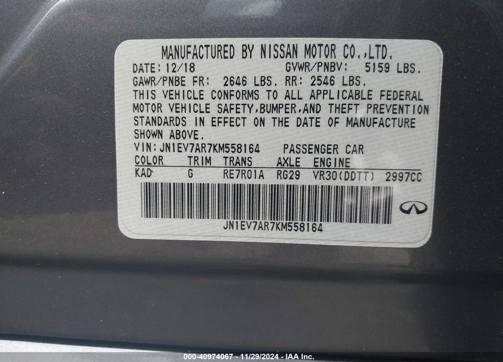 2019 INFINITI Q50 VIN: JN1EV7AR7KM558164
