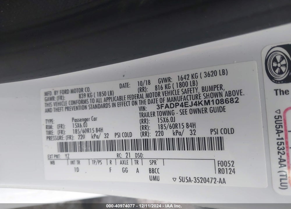 2019 FORD FIESTA SE VIN: 3FADP4EJ4KM108682