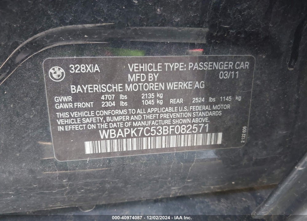 2011 BMW 328I XDRIVE VIN: WBAPK7C53BF082571