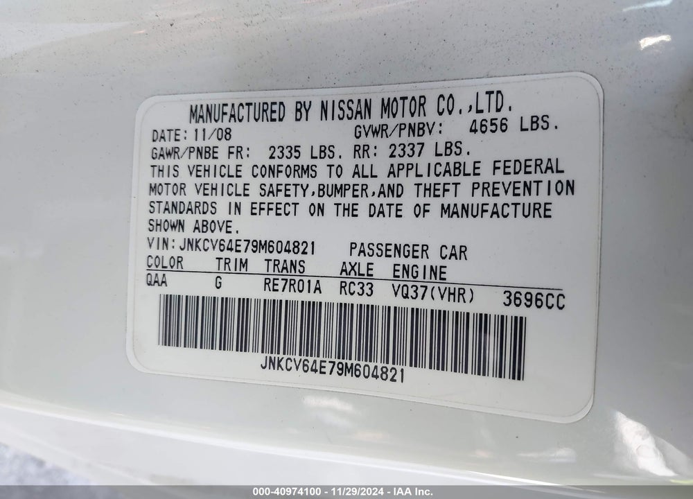 2009 INFINITI G37 JOURNEY VIN: JNKCV64E79M604821