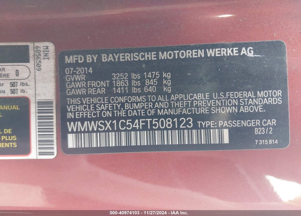 2015 MINI COOPER COUPE VIN: WMWSX1C54FT508123