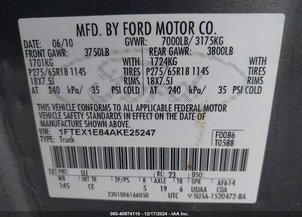 2010 FORD F-150 STX/XL/XLT VIN: 1FTEX1E84AKE25247
