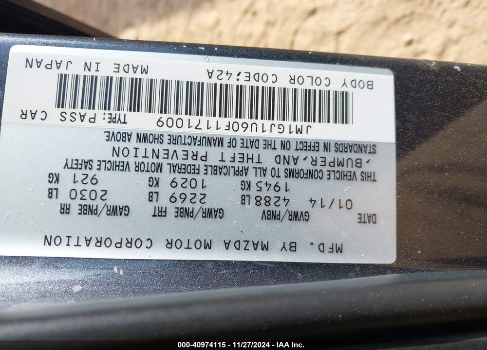 2015 MAZDA 6 I SPORT VIN: JM1GJ1U60F1171009