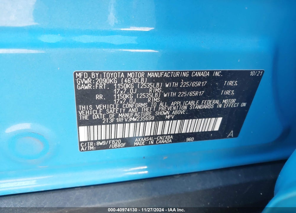 2021 TOYOTA RAV4 LE VIN: 2T3F1RFV3MW235699