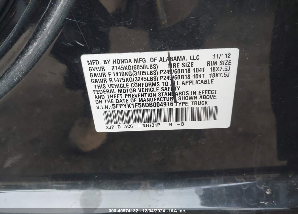 2013 HONDA RIDGELINE RTL VIN: 5FPYK1F58DB004916