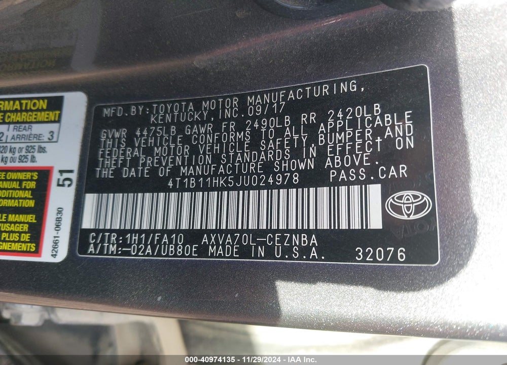 2018 TOYOTA CAMRY LE VIN: 4T1B11HK5JU024978