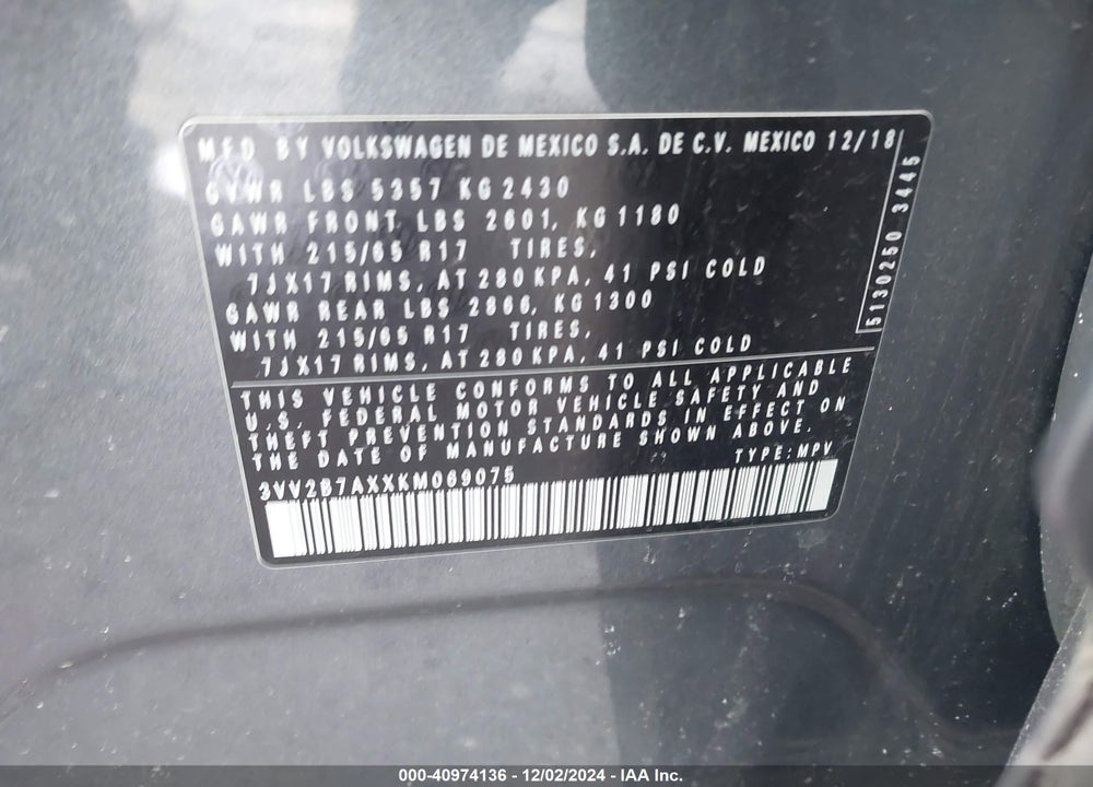 2019 VOLKSWAGEN TIGUAN 2.0T SE/2.0T SEL/2.0T SEL R-LINE/2.0T SEL R-LINE BLACK VIN: 3VV2B7AXXKM069075