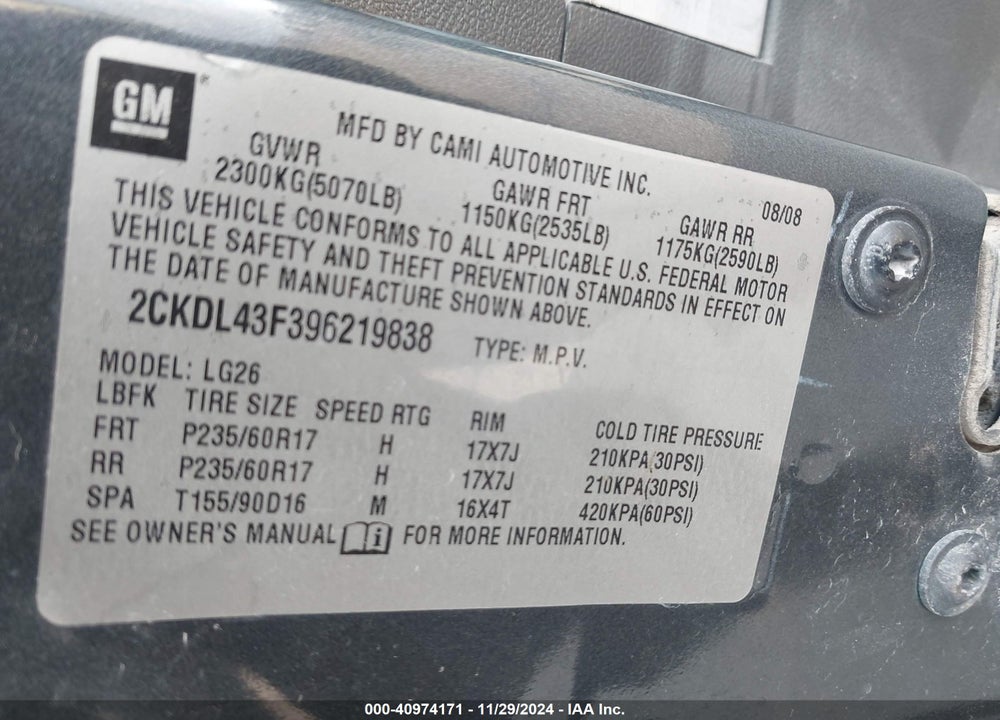 2009 PONTIAC TORRENT VIN: 2CKDL43F396219838
