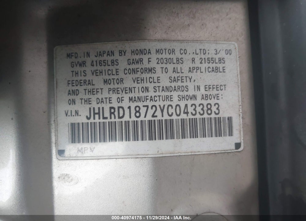 2000 HONDA CR-V SPECIAL EDITION VIN: JHLRD1872YC043383