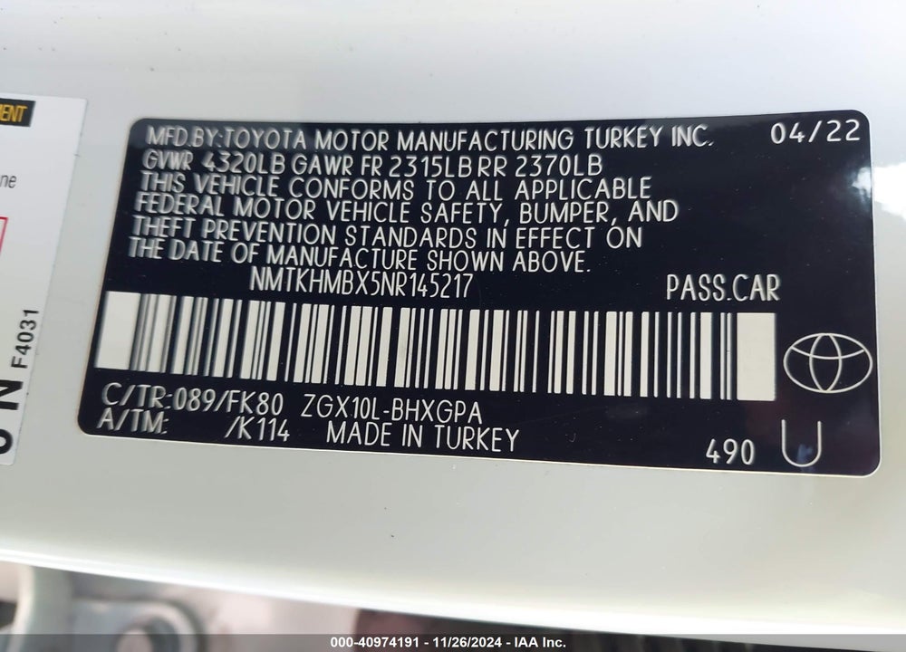 2022 TOYOTA C-HR XLE VIN: NMTKHMBX5NR145217