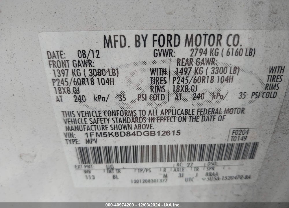 2013 FORD EXPLORER XLT VIN: 1FM5K8D84DGB12615