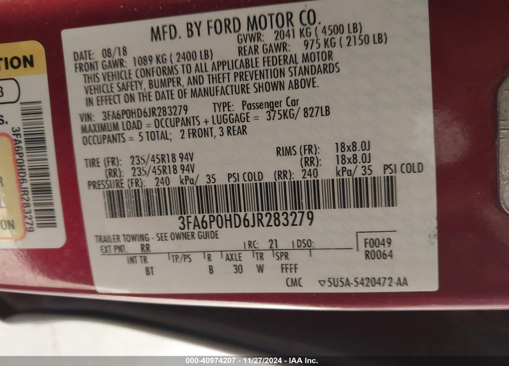 2018 FORD FUSION VIN: 3FA6P0HD6JR283279