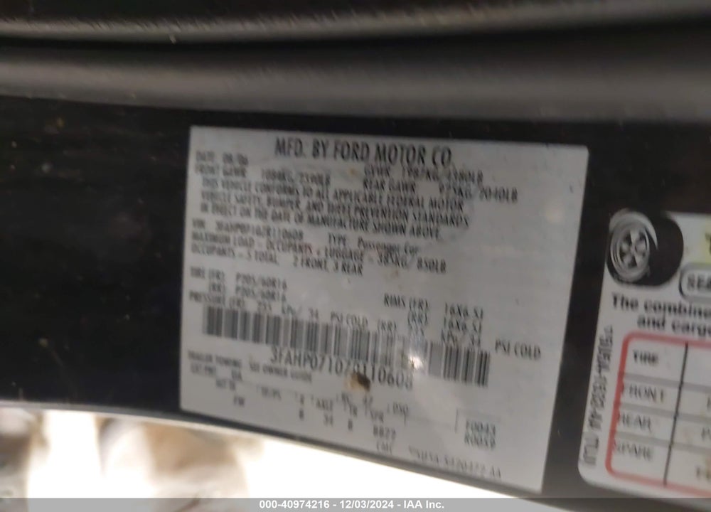 2007 FORD FUSION SE VIN: 3FAHP07107R110608