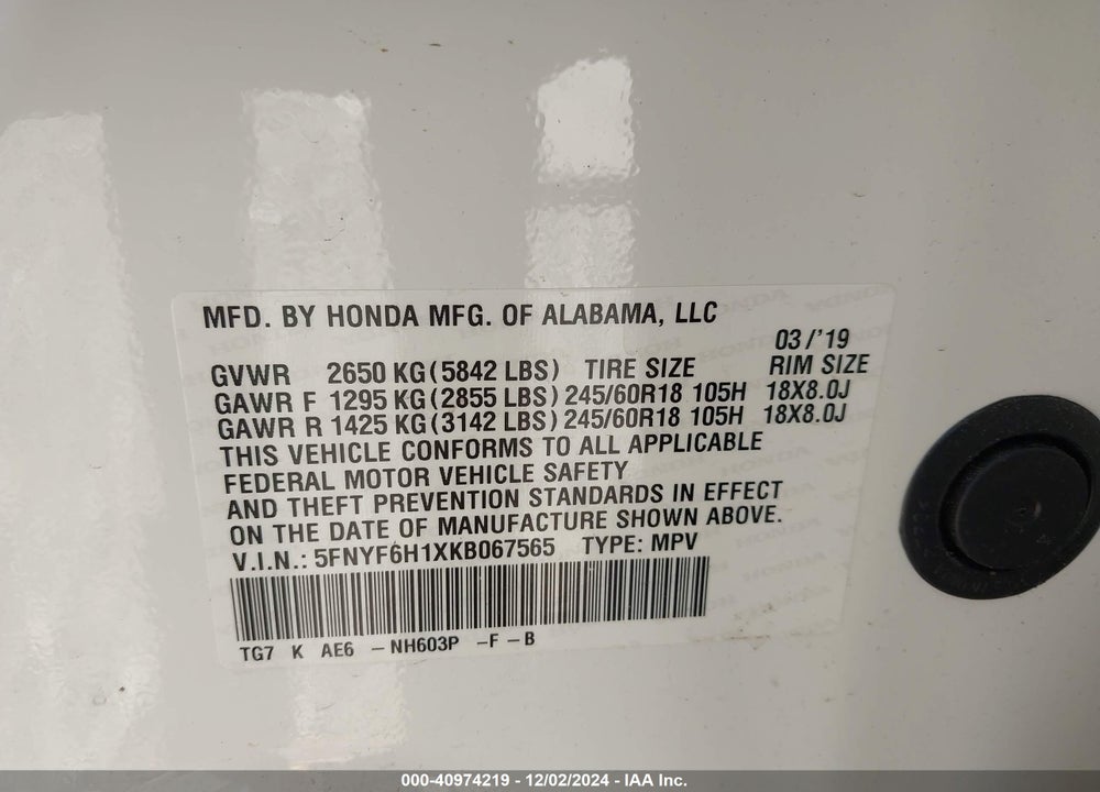 2019 HONDA PILOT LX VIN: 5FNYF6H1XKB067565
