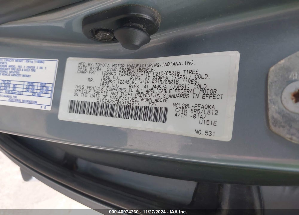 2004 TOYOTA SIENNA XLE VIN: 5TDZA22C04S194975