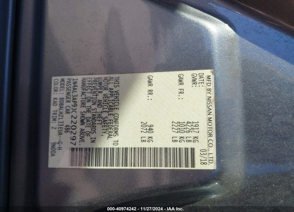2018 NISSAN ALTIMA 2.5 SR VIN: 1N4AL3AP9JC220297