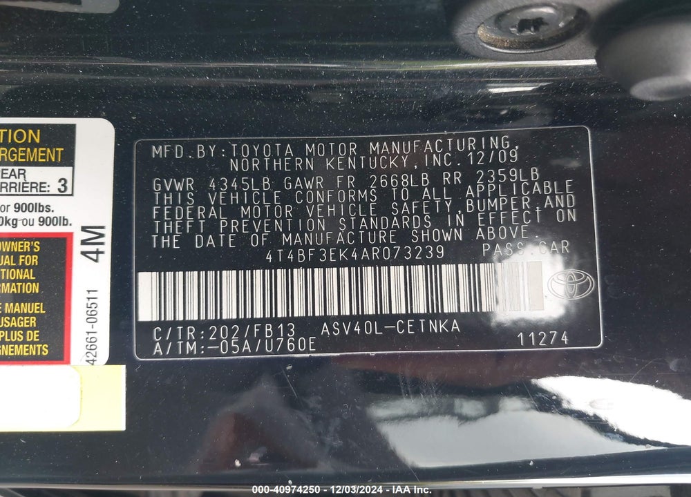 2010 TOYOTA CAMRY LE VIN: 4T4BF3EK4AR073239