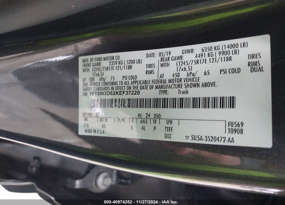 2019 FORD F-350 XL VIN: 1FT8W3D62KEF37220