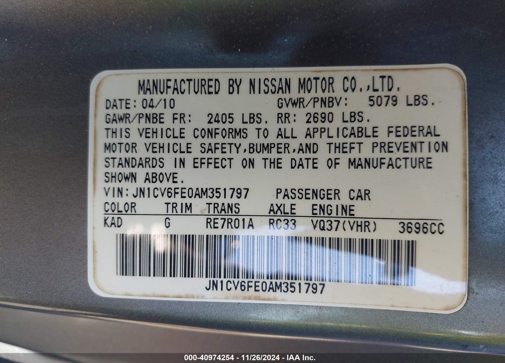 2010 INFINITI G37 VIN: JN1CV6FE0AM351797
