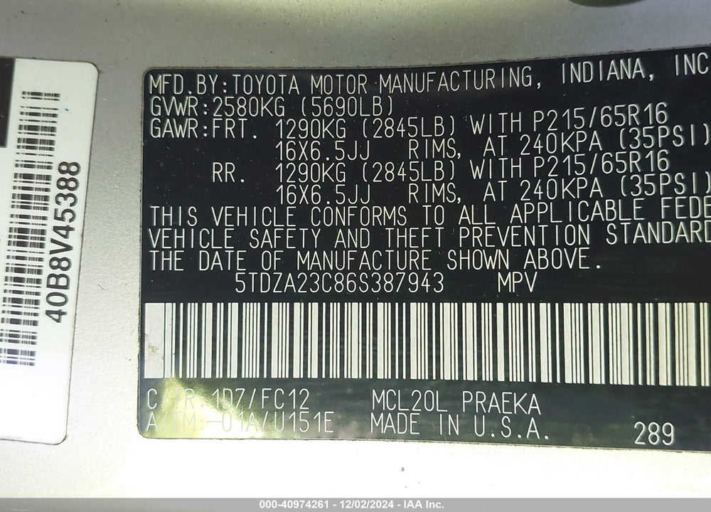 2006 TOYOTA SIENNA LE VIN: 5TDZA23C86S387943