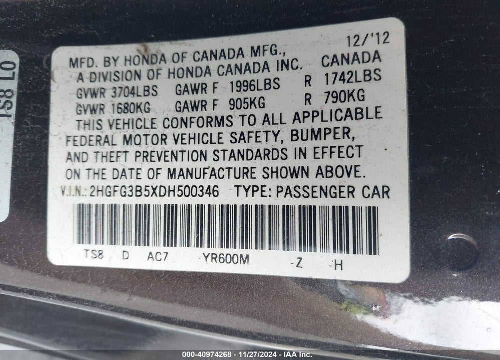 2013 HONDA CIVIC LX VIN: 2HGFG3B5XDH500346