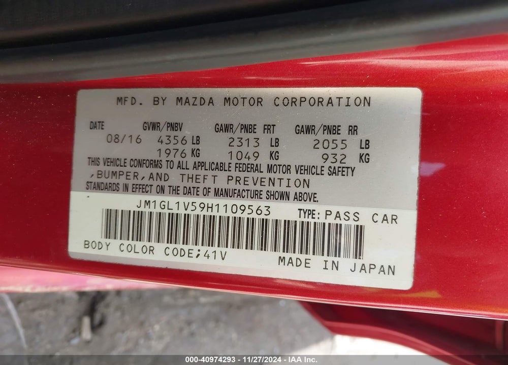 2017 MAZDA 6 TOURING VIN: JM1GL1V59H1109563