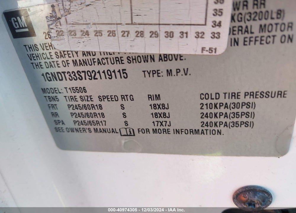 2009 CHEVROLET TRAILBLAZER LT VIN: 1GNDT33S792119115