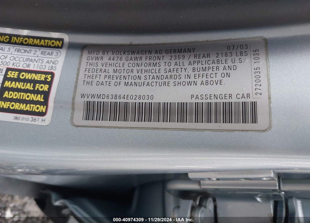 2004 VOLKSWAGEN PASSAT GL VIN: WVWMD63B64E028030