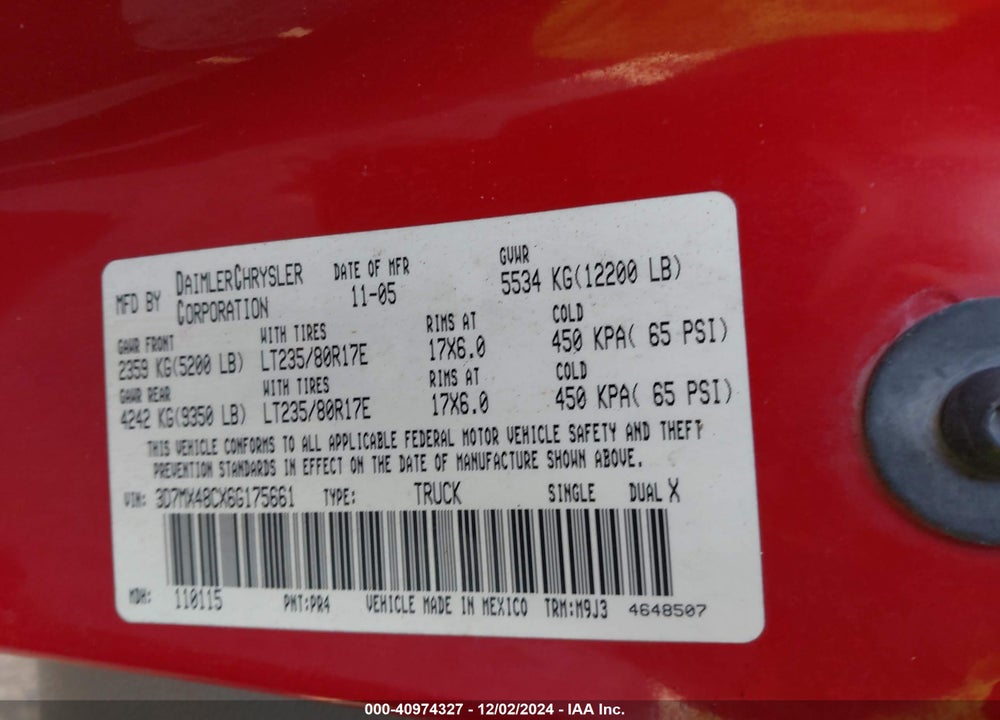 2006 DODGE RAM 3500 SLT/SPORT VIN: 3D7MX48CX6G175661