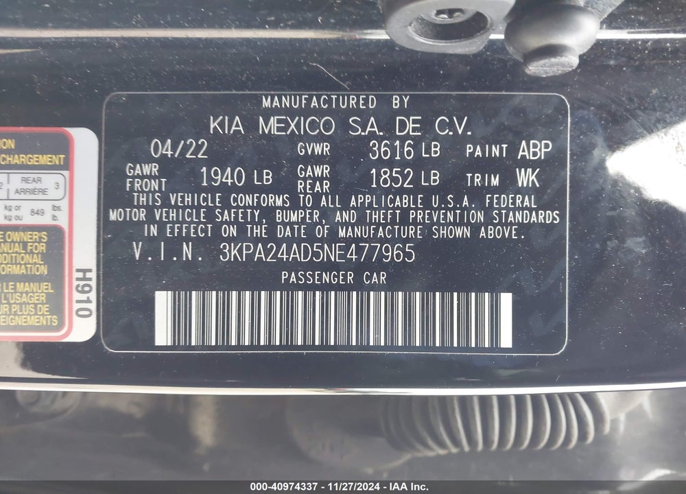 2022 KIA RIO S VIN: 3KPA24AD5NE477965