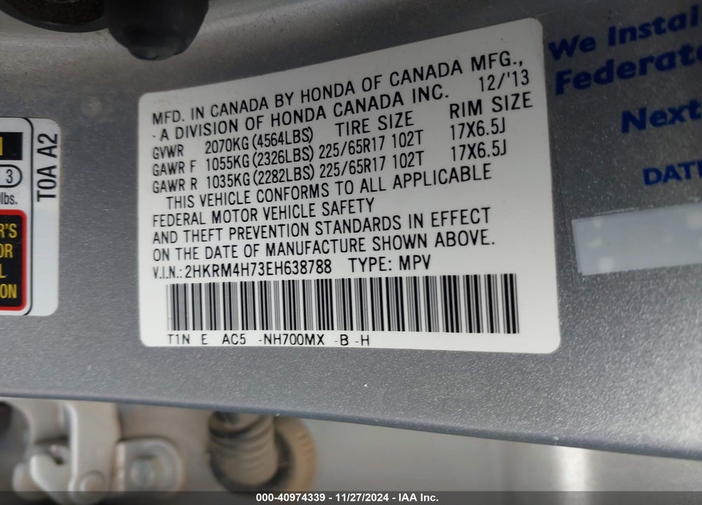 2014 HONDA CR-V EX-L VIN: 2HKRM4H73EH638788