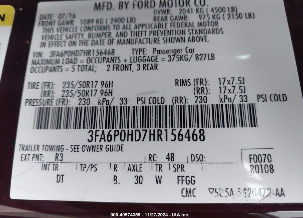 2017 FORD FUSION SE VIN: 3FA6P0HD7HR156468