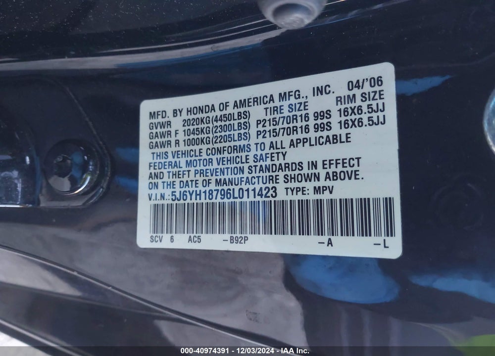 2006 HONDA ELEMENT EX-P VIN: 5J6YH18796L011423