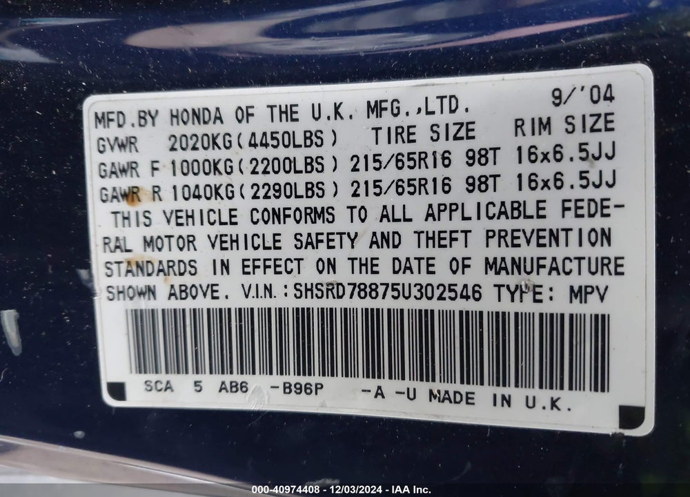2005 HONDA CR-V EX VIN: SHSRD78875U302546