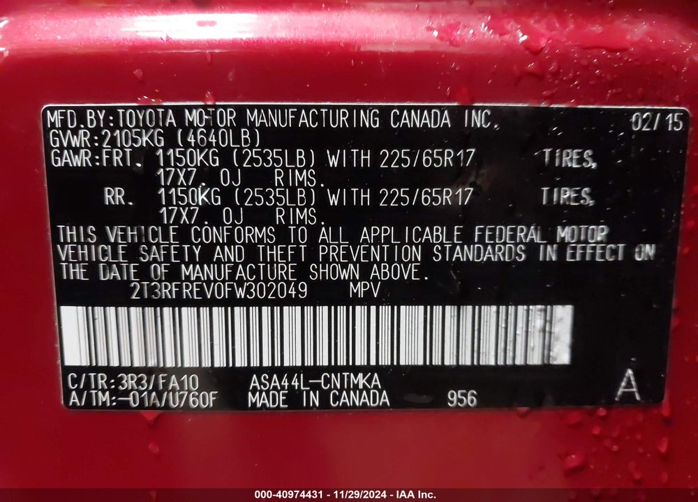 2015 TOYOTA RAV4 XLE VIN: 2T3RFREV0FW302049