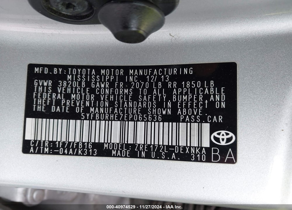 2014 TOYOTA COROLLA LE VIN: 5YFBURHE7EP065636